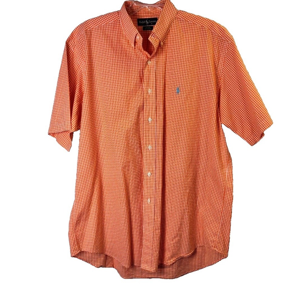 Ralph Lauren Blake Shirt Short Sleeve Button Down Orange White‎ Gingham Men's L